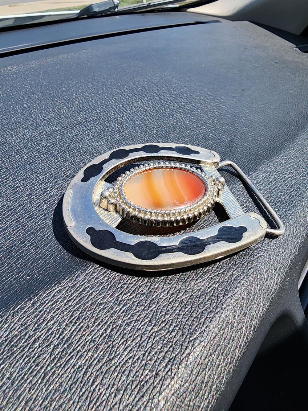 Vintage Southwestern Silver Horseshoe Belt Buckle with Orange Agate Stone